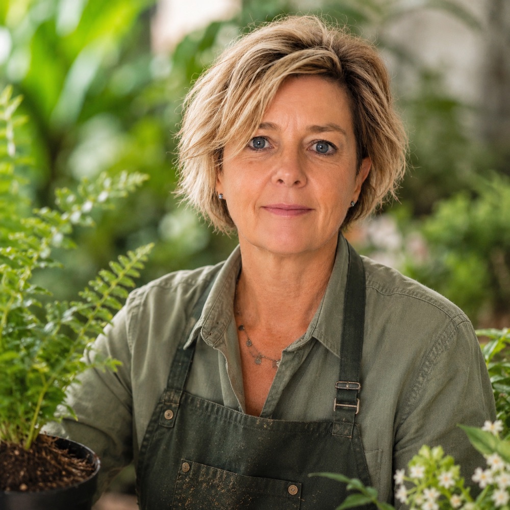Sam Bacales, horticulturist and landscape designer, surrounded by plants